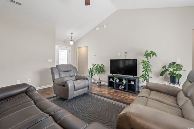 282 Foxpath Loop, Myrtle Beach, SC 29588 - living room with dark wood finished floors, vaulted ceiling, baseboards, and ceiling fan