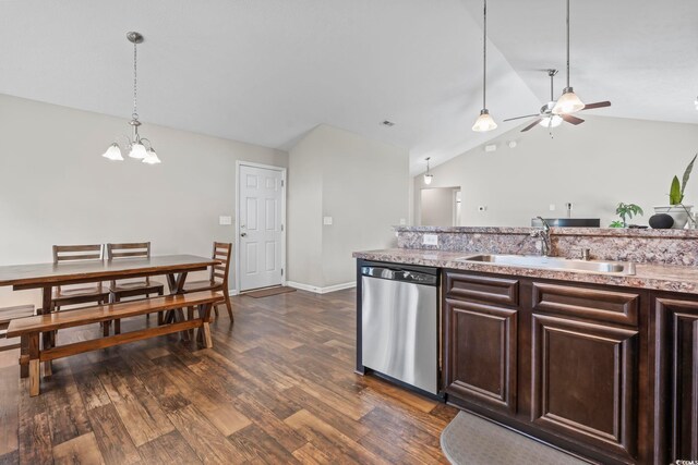 282 Foxpath Loop, Myrtle Beach, SC 29588 - kitchen featuring stainless steel dishwasher, a sink, lofted ceiling, dark wood finished floors, and dark brown cabinetry