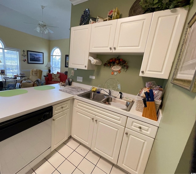 4753 Wild Iris Dr Unit 301, Myrtle Beach, SC 29577 - kitchen with dishwasher, a sink, light countertops, a ceiling fan, and white cabinetry