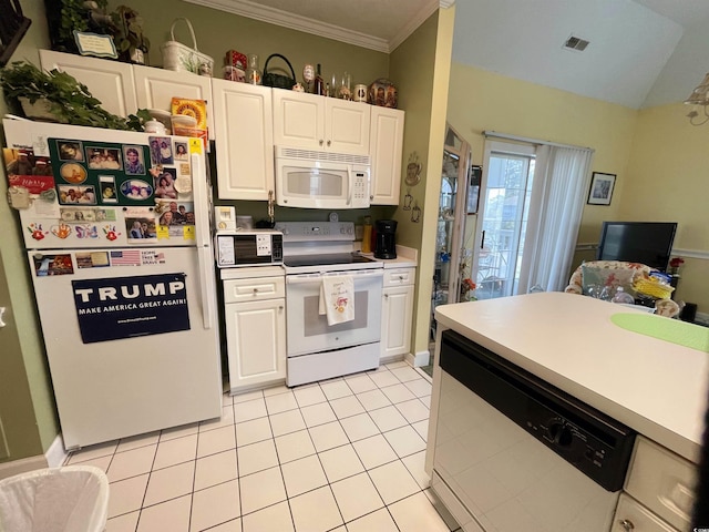4753 Wild Iris Dr Unit 301, Myrtle Beach, SC 29577 - kitchen featuring white appliances, crown molding, white cabinetry, light tile patterned floors, and lofted ceiling