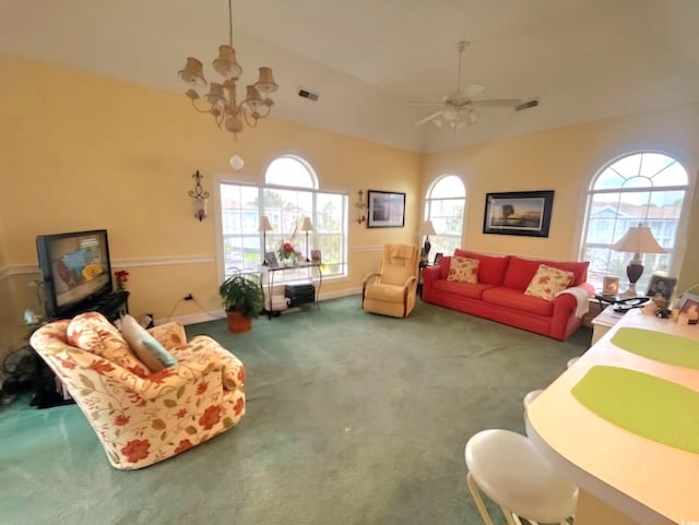4753 Wild Iris Dr Unit 301, Myrtle Beach, SC 29577 - living area featuring carpet floors, a chandelier, lofted ceiling, a ceiling fan, and baseboards