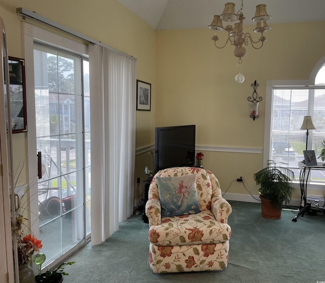 4753 Wild Iris Dr Unit 301, Myrtle Beach, SC 29577 - living area featuring carpet floors, a chandelier, and vaulted ceiling