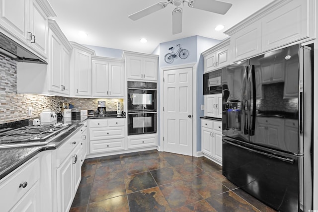 504 Sea Vista Ln, North Myrtle Beach, SC 29582 - kitchen with black appliances, a ceiling fan, white cabinets, backsplash, and recessed lighting