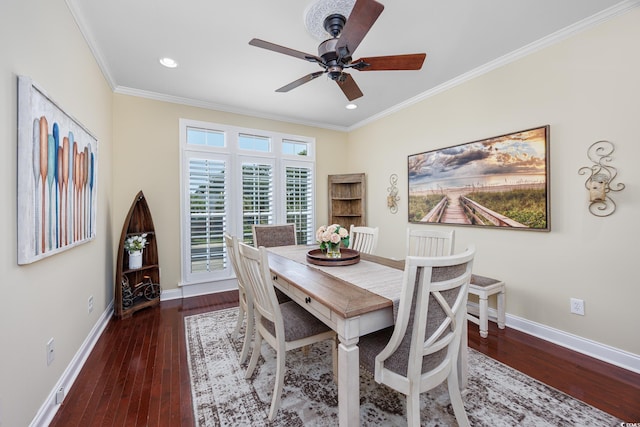 504 Sea Vista Ln, North Myrtle Beach, SC 29582 - dining area featuring ceiling fan, crown molding, wood-type flooring, baseboards, and recessed lighting