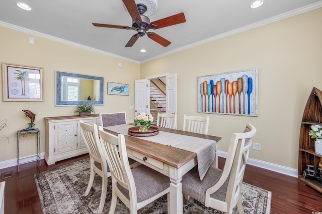 504 Sea Vista Ln, North Myrtle Beach, SC 29582 - dining area with hardwood / wood-style flooring, a ceiling fan, baseboards, ornamental molding, and recessed lighting