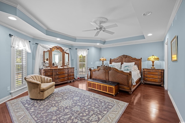 504 Sea Vista Ln, North Myrtle Beach, SC 29582 - bedroom featuring a tray ceiling, crown molding, wood finished floors, access to outside, and baseboards