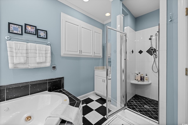 504 Sea Vista Ln, North Myrtle Beach, SC 29582 - full bath with a shower stall, a jetted tub, vanity, ornamental molding, and baseboards