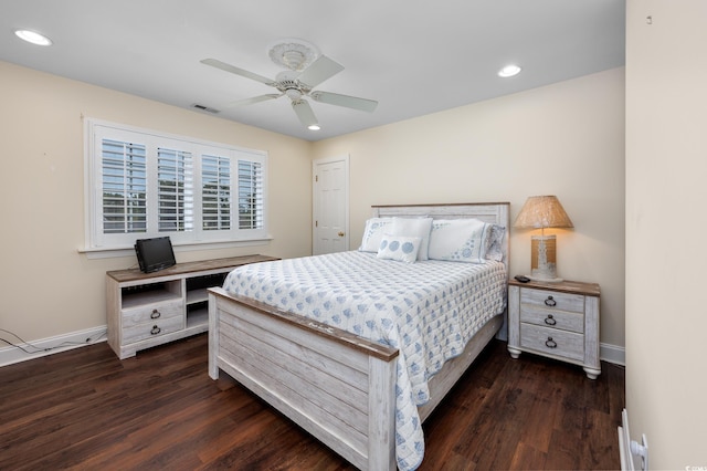 504 Sea Vista Ln, North Myrtle Beach, SC 29582 - bedroom with dark wood-style floors, baseboards, recessed lighting, a ceiling fan, and an office area