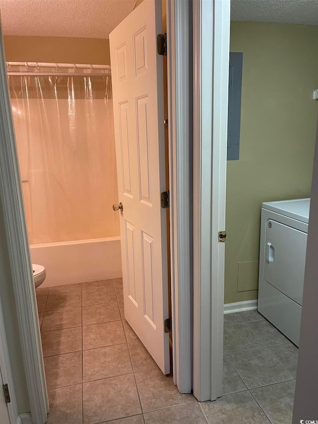 770 Charter Dr Unit C4, Longs, SC 29568 - bathroom with washer / dryer, a textured ceiling, tile patterned flooring, electric panel, and shower / bath combination with curtain