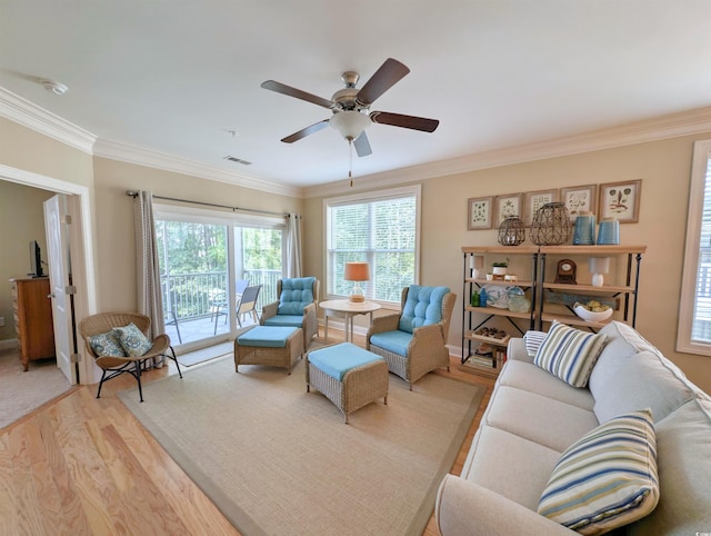 82 Mingo Dr Unit 2D, Pawleys Island, SC 29585 - living area with light wood-style flooring, ceiling fan, and ornamental molding
