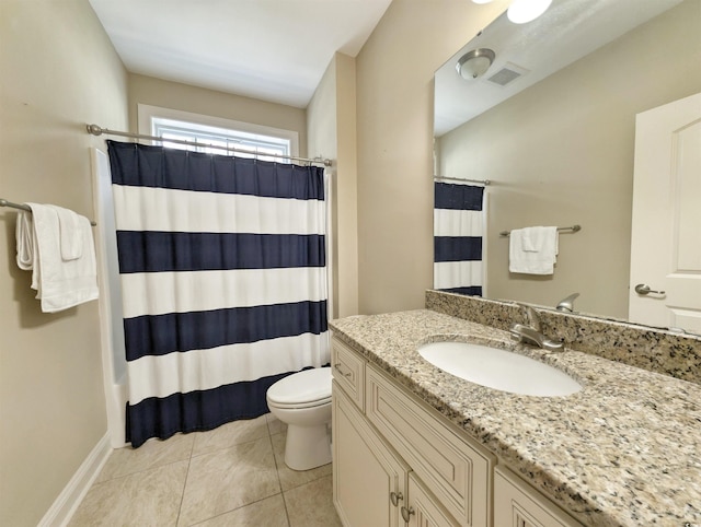 82 Mingo Dr Unit 2D, Pawleys Island, SC 29585 - bathroom with toilet, vanity, tile patterned floors, a shower with curtain, and baseboards