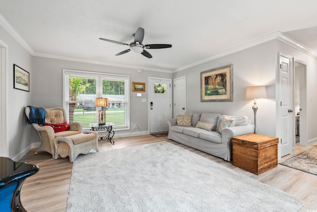 1223 Naylor Ave, Myrtle Beach, SC 29577 - living room featuring light wood-type flooring, ceiling fan, baseboards, and crown molding