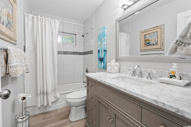1223 Naylor Ave, Myrtle Beach, SC 29577 - full bath featuring vanity, wood finished floors, toilet, and shower / bathtub combination with curtain