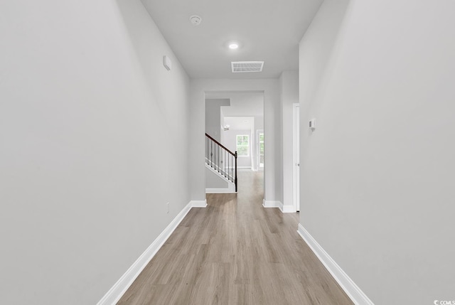 218 Calhoun Falls Dr, Myrtle Beach, SC 29579 - corridor with light wood-type flooring, stairway, and baseboards