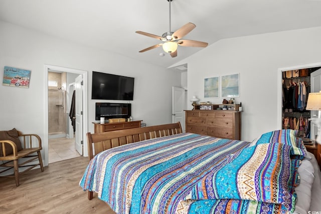 1833 Lake Egret Dr, North Myrtle Beach, SC 29582 - bedroom featuring vaulted ceiling, light wood finished floors, a ceiling fan, a closet, and ensuite bath