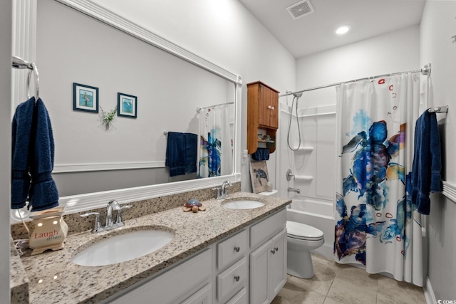 1833 Lake Egret Dr, North Myrtle Beach, SC 29582 - bathroom with toilet, shower / bathtub combination with curtain, double vanity, tile patterned flooring, and recessed lighting