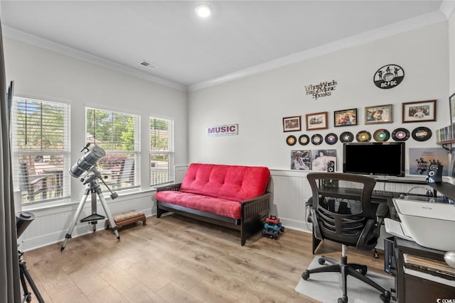 1833 Lake Egret Dr, North Myrtle Beach, SC 29582 - office featuring crown molding, wood finished floors, wainscoting, and recessed lighting