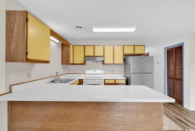 3700 Golf Colony Ln Unit 25G, Little River, SC 29566 - kitchen with electric stove, freestanding refrigerator, under cabinet range hood, a peninsula, and light countertops