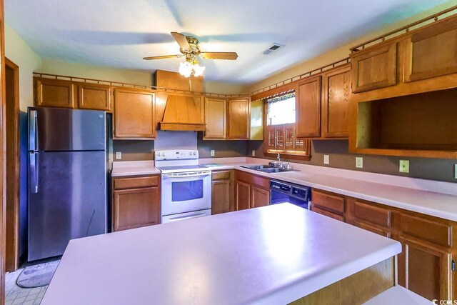 3150 Dusty Rd, Loris, SC 29569 - kitchen featuring freestanding refrigerator, electric stove, dishwasher, premium range hood, and ceiling fan