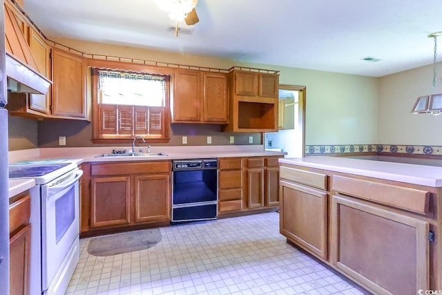 3150 Dusty Rd, Loris, SC 29569 - kitchen featuring black dishwasher, light countertops, white electric stove, and brown cabinetry