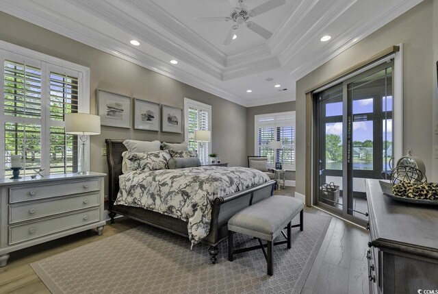 1108 Surf Pointe Dr, North Myrtle Beach, SC 29582 - bedroom with access to exterior, wood finished floors, crown molding, recessed lighting, and a ceiling fan