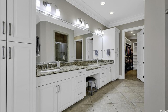 1108 Surf Pointe Dr, North Myrtle Beach, SC 29582 - full bath featuring a shower stall, vanity, crown molding, recessed lighting, and a spacious closet
