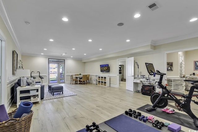 1108 Surf Pointe Dr, North Myrtle Beach, SC 29582 - workout room with ornamental molding, light wood-type flooring, wainscoting, and recessed lighting