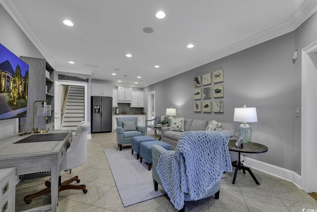 1108 Surf Pointe Dr, North Myrtle Beach, SC 29582 - living area with ornamental molding, stairs, recessed lighting, and baseboards
