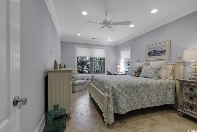 1108 Surf Pointe Dr, North Myrtle Beach, SC 29582 - bedroom featuring recessed lighting, crown molding, light tile patterned floors, and a ceiling fan