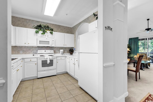 6015 Catalina Dr Unit 733, North Myrtle Beach, SC 29582 - kitchen with white appliances, white cabinetry, light countertops, ceiling fan, and light tile patterned floors