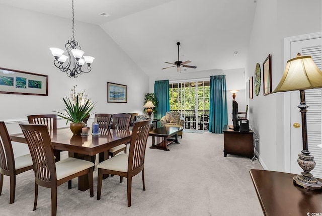 6015 Catalina Dr Unit 733, North Myrtle Beach, SC 29582 - dining space featuring high vaulted ceiling, light carpet, a ceiling fan, and a chandelier
