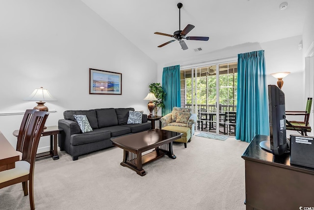 6015 Catalina Dr Unit 733, North Myrtle Beach, SC 29582 - carpeted living room featuring a ceiling fan and high vaulted ceiling