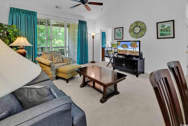 6015 Catalina Dr Unit 733, North Myrtle Beach, SC 29582 - carpeted living area with a ceiling fan, vaulted ceiling, and baseboards