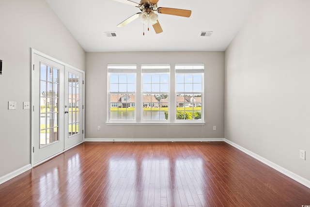 121 Parmelee Dr Unit D, Murrells Inlet, SC 29576 - empty room featuring baseboards, a ceiling fan, wood finished floors, french doors, and lofted ceiling