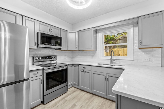 315 73rd Ave N Unit 2, Myrtle Beach, SC 29572 - kitchen with stainless steel appliances, gray cabinets, a textured ceiling, backsplash, and light wood finished floors