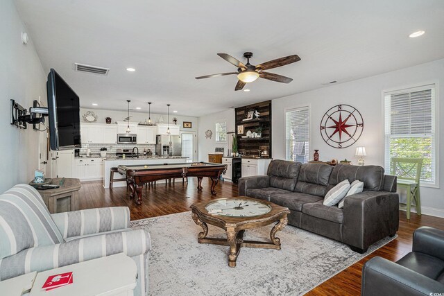 58 Fathom Ln, Murrells Inlet, SC 29576 - living room featuring a ceiling fan, dark wood-type flooring, recessed lighting, baseboards, and billiards