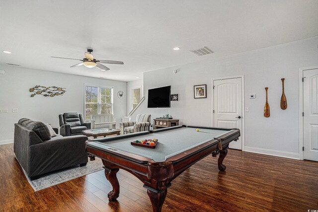 58 Fathom Ln, Murrells Inlet, SC 29576 - game room with ceiling fan, pool table, dark wood finished floors, baseboards, and recessed lighting