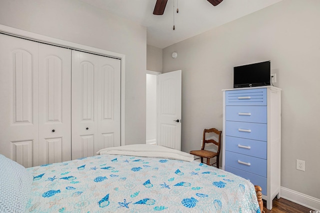 58 Fathom Ln, Murrells Inlet, SC 29576 - bedroom with a closet, dark wood finished floors, baseboards, and ceiling fan