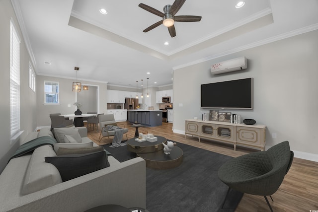 2080 Silver Island Way, Murrells Inlet, SC 29576 - living room with a tray ceiling, wood finished floors, a ceiling fan, recessed lighting, and crown molding