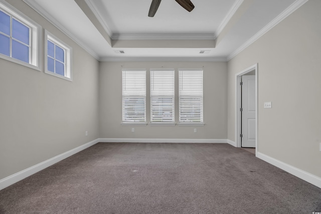 2080 Silver Island Way, Murrells Inlet, SC 29576 - unfurnished room with a tray ceiling, dark carpet, ceiling fan, crown molding, and baseboards