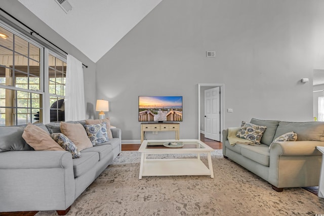4232 Pointer Ct, Myrtle Beach, SC 29579 - living area with high vaulted ceiling, baseboards, and wood finished floors