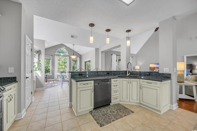 4232 Pointer Ct, Myrtle Beach, SC 29579 - kitchen featuring dishwasher, cream cabinetry, a sink, vaulted ceiling, and dark stone countertops