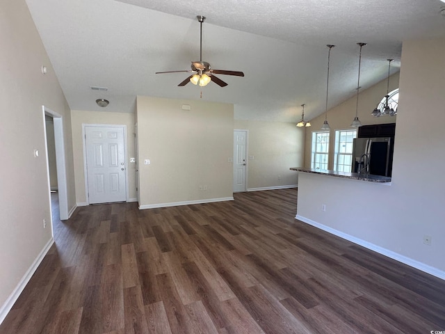 753 Bucklin Loop, Myrtle Beach, SC 29579 - unfurnished living room with vaulted ceiling, ceiling fan, and dark wood finished floors