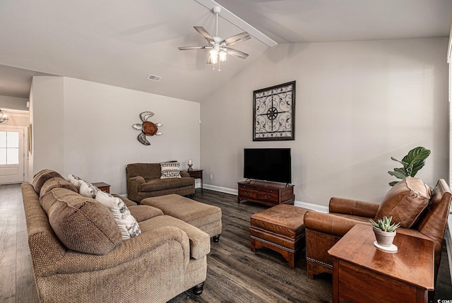 1741 Parish Way, Myrtle Beach, SC 29577 - living area featuring dark wood-style floors, beamed ceiling, ceiling fan, baseboards, and high vaulted ceiling