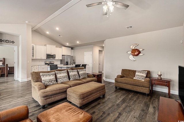 1741 Parish Way, Myrtle Beach, SC 29577 - living area with baseboards, ceiling fan, dark wood-style floors, recessed lighting, and high vaulted ceiling