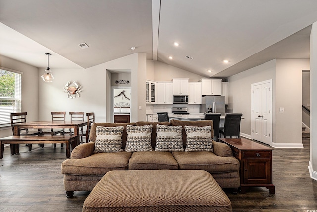 1741 Parish Way, Myrtle Beach, SC 29577 - living area featuring vaulted ceiling, dark wood-type flooring, baseboards, and recessed lighting
