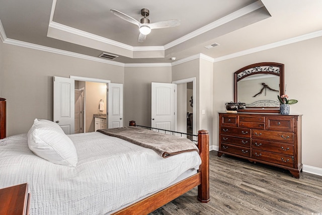 1741 Parish Way, Myrtle Beach, SC 29577 - bedroom featuring a raised ceiling, wood finished floors, baseboards, crown molding, and a ceiling fan