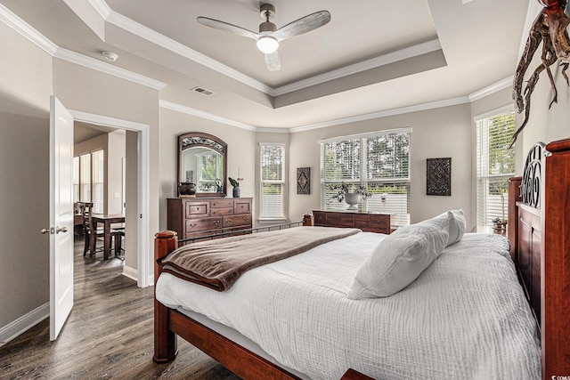 1741 Parish Way, Myrtle Beach, SC 29577 - bedroom featuring a raised ceiling, dark wood-style floors, baseboards, crown molding, and ceiling fan