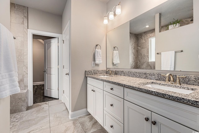 1741 Parish Way, Myrtle Beach, SC 29577 - full bath featuring double vanity, a tile shower, marble look tiles, and baseboards