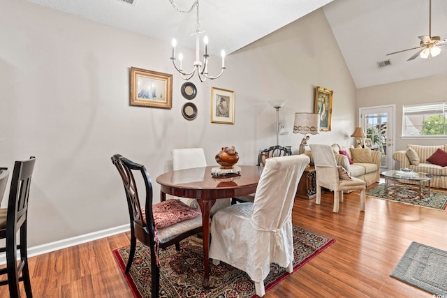 592 Riverward Dr Unit 592, Myrtle Beach, SC 29588 - dining area with a chandelier, wood finished floors, ceiling fan, high vaulted ceiling, and baseboards